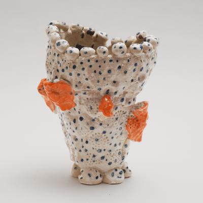 Marie Pierre Biau SHELL VASE 5 BLUE WHITE AND ORANGE Glazed sandstone sculpture