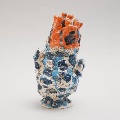 Marie Pierre Biau SHELL VASE 9 BLUE AND ORANGE Glazed sandstone sculpture