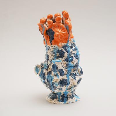 Marie Pierre Biau SHELL VASE 9 BLUE AND ORANGE Glazed sandstone sculpture