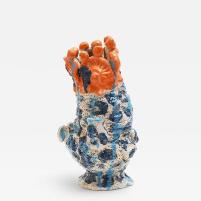 Marie Pierre Biau SHELL VASE 9 BLUE AND ORANGE Glazed sandstone sculpture