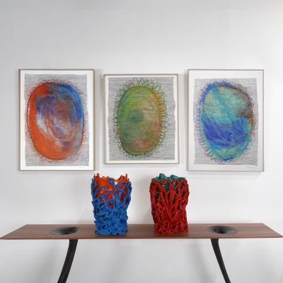 Marie Pierre Biau UNTITLED 75 X 56 BLUE RED 2021 Framed drawing on paper