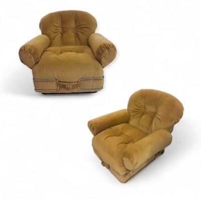 Mario Bellini Italian Space Age Armchairs upholstered in Mustard yellow velvet 1970s