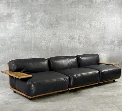 Mario Bellini Late 20th Century Black Leather Walnut Pianura Sectional Sofa by Mario Bellini