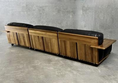 Mario Bellini Late 20th Century Black Leather Walnut Pianura Sectional Sofa by Mario Bellini