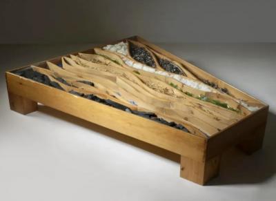 Mario Ceroli Late20th Century Trapezoidal Multimaterial Coffee Table by Mario Ceroli