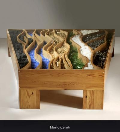 Mario Ceroli Late20th Century Trapezoidal Multimaterial Coffee Table by Mario Ceroli