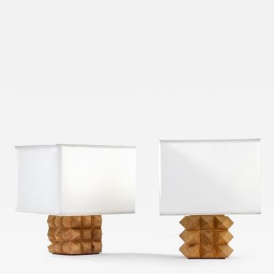 Mario Ceroli Mario Ceroli Pair of Table Lamps Mod Diamante in Wood and Fabric