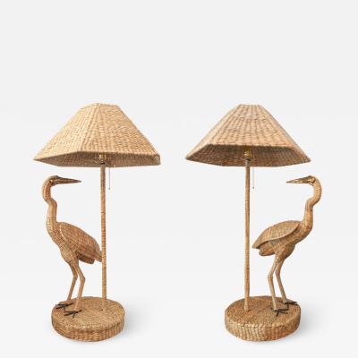 Mario Lopez Torres Contemporary Mario Lopez Torres Pair of Woven Rattan Crane Table Lamps