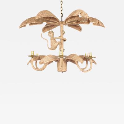 Mario Lopez Torres Contemporary Mario Lopez Torres Woven Rattan Monkey Chandelier with Palm Leaves