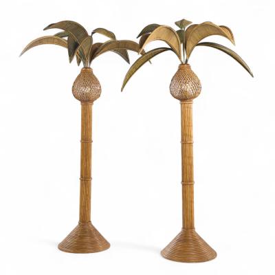 Mario Lopez Torres Mario Torres Lopez Style Mid Century Sculptural Rattan Palm Tree Lamps Pair