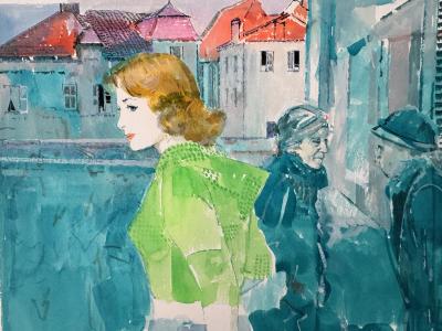 Mario Zamparelli Harpers Bazaar Mid Century Fashion Illustration Watercolor on Board