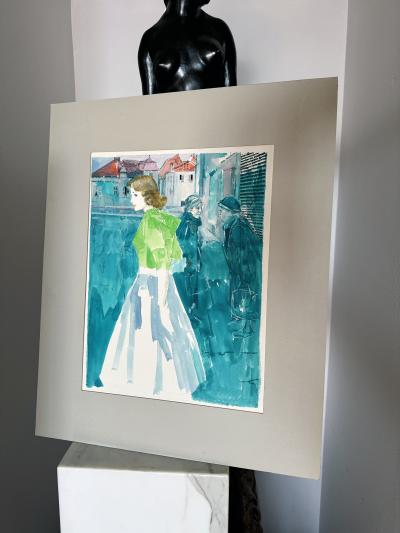 Mario Zamparelli Harpers Bazaar Mid Century Fashion Illustration Watercolor on Board