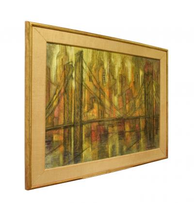 Marjorie Bishop New York Sunset Painting With Sand On Canvas 1940s Signed 