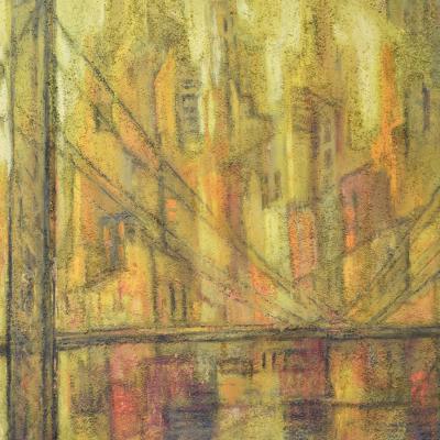 Marjorie Bishop New York Sunset Painting With Sand On Canvas 1940s Signed 