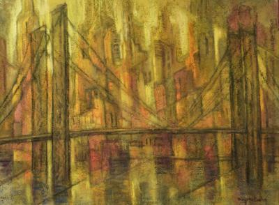 Marjorie Bishop New York Sunset Painting With Sand On Canvas 1940s Signed 