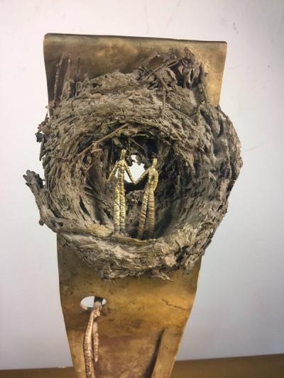Mark Leader UNIQUE BRUTALIST BIRDS NEST AND FIGURES BRONZE SCULPTURE