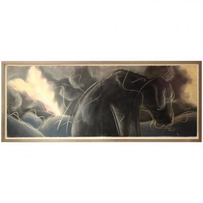 Mark Milloff Luther During the Storm 1981 Framed Grisaille Pastel Diptych by Mark Milloff