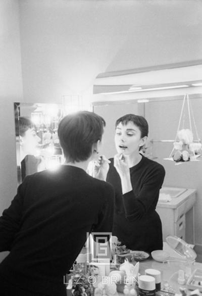 Mark Shaw Audrey Hepburn Applies Lipstick in Mirror Backstage at Ondine 1954