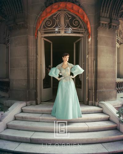Mark Shaw Fath Blue Ball Gown in Courtyard 1955