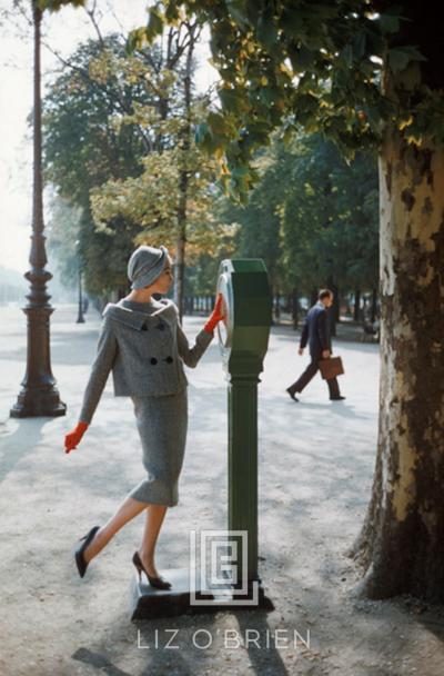 Mark Shaw Model in Pierre Cardin Suit on Scale in Tuilleries 1957