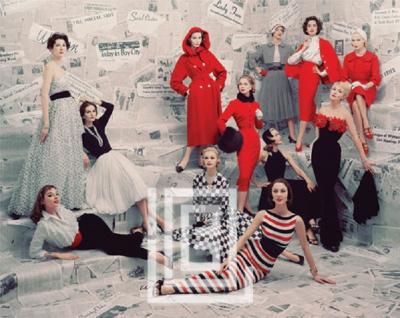 Mark Shaw Models in front of Newspaper Wall 1956