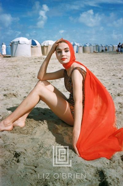 Mark Shaw Orange Scarf on Beach at Trouville