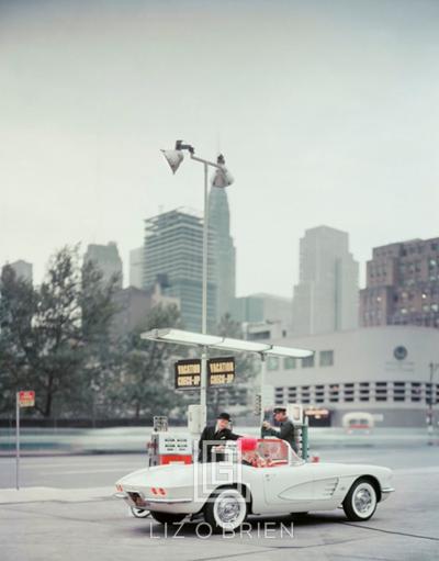 Mark Shaw White Corvette at Gas Station Day Circa 1960