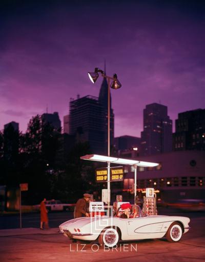 Mark Shaw White Corvette at Gas Station Night Circa 1960