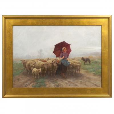 Martin Coulaud Leading Her Flock French Antique Barbizon Landscape Painting by Martin Coulaud