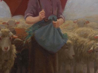 Martin Coulaud Leading Her Flock French Antique Barbizon Landscape Painting by Martin Coulaud