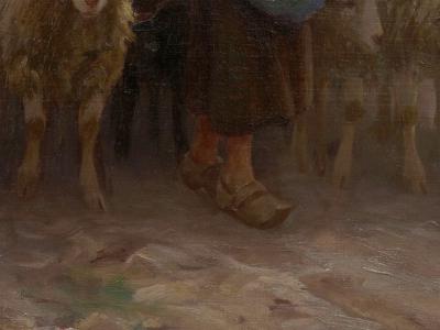 Martin Coulaud Leading Her Flock French Antique Barbizon Landscape Painting by Martin Coulaud