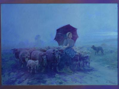 Martin Coulaud Leading Her Flock French Antique Barbizon Landscape Painting by Martin Coulaud