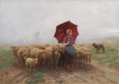 Martin Coulaud Leading Her Flock French Antique Barbizon Landscape Painting by Martin Coulaud