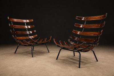 Martin Eisler Pair of Costela Armchairs in Brazilian Hardwood Olive Mohair Martin Eisler