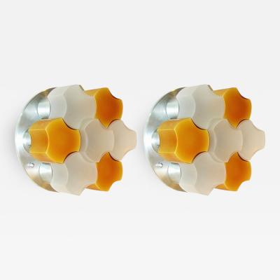 Martinelli Luce Martinelli Luce 1963 Rare Pair of White and Orange Glass Wall or Flush Lights