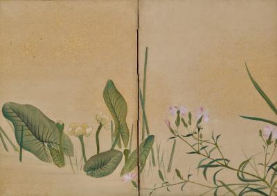 Maruyama Oshin 1838 Japanese Screen Pair Flowers Grasses of the Four Seasons