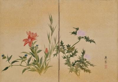 Maruyama Oshin 1838 Japanese Screen Pair Flowers Grasses of the Four Seasons