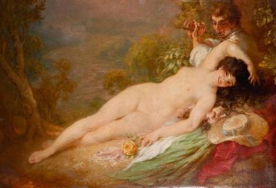 Massive Antique French Nude Oil Painting by Louis Anquetin of Venus Cupid