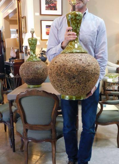 Massive Pair of American 1960s Lamps with Mottled Olive Green Ceramic Mounts
