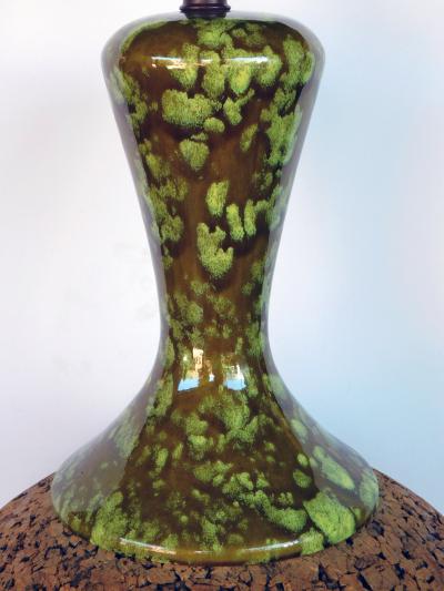 Massive Pair of American 1960s Lamps with Mottled Olive Green Ceramic Mounts