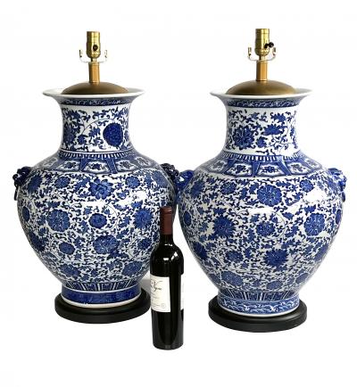 Massive Pair of Chinese Blue White Urn form Lamps