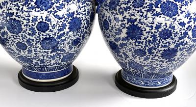 Massive Pair of Chinese Blue White Urn form Lamps