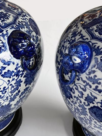 Massive Pair of Chinese Blue White Urn form Lamps