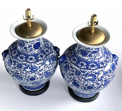 Massive Pair of Chinese Blue White Urn form Lamps