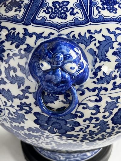 Massive Pair of Chinese Blue White Urn form Lamps