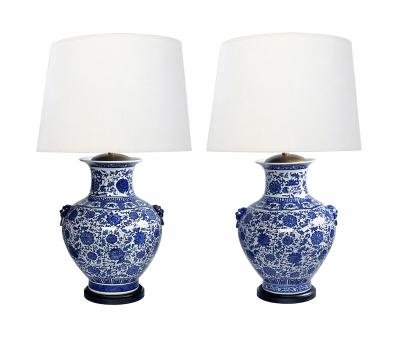 Massive Pair of Chinese Blue White Urn form Lamps