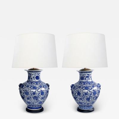 Massive Pair of Chinese Blue White Urn form Lamps