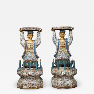 Massive Pair of Chinese Cloisonne Enamel Figures of Attendants Qing Dynasty