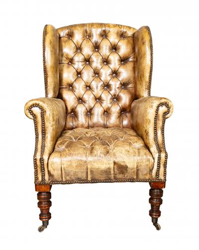 Matched Pair Of English Tufted Leather Wing Back Chairs