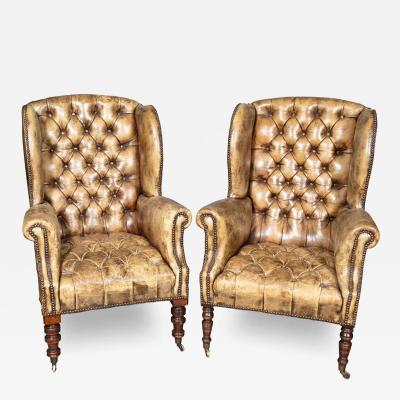Matched Pair Of English Tufted Leather Wing Back Chairs